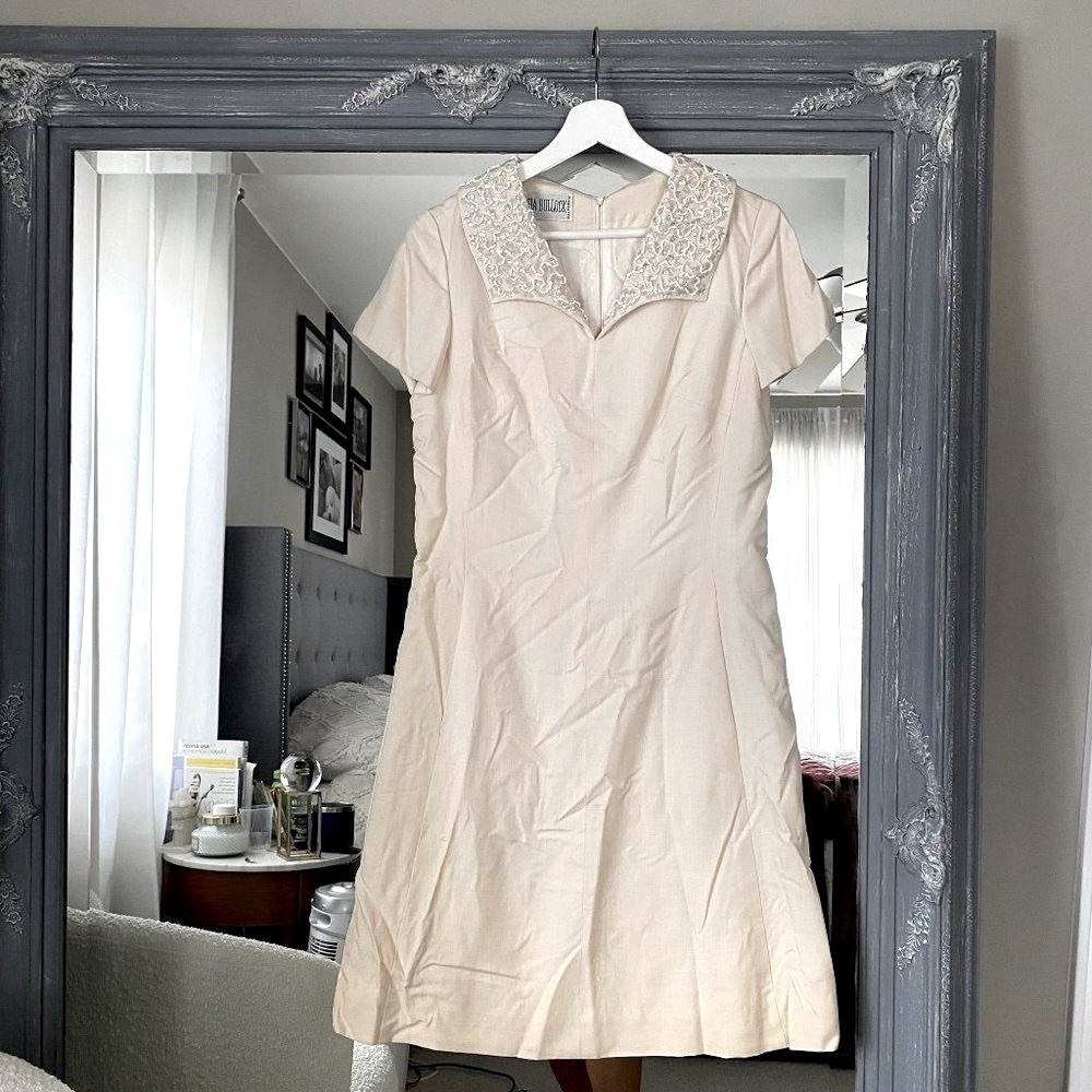 Vintage 80s Georgia Bullock Beaded Embellished Collar Linen Short Sleeve Dress 6